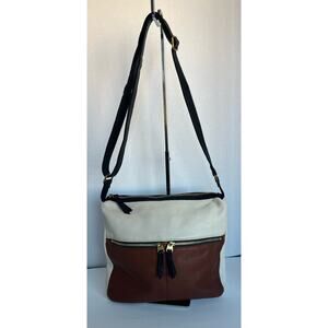 FOSSIL Brown Cream Black Pebbled Colorblock Leather Zip Crossbody Bag Purse